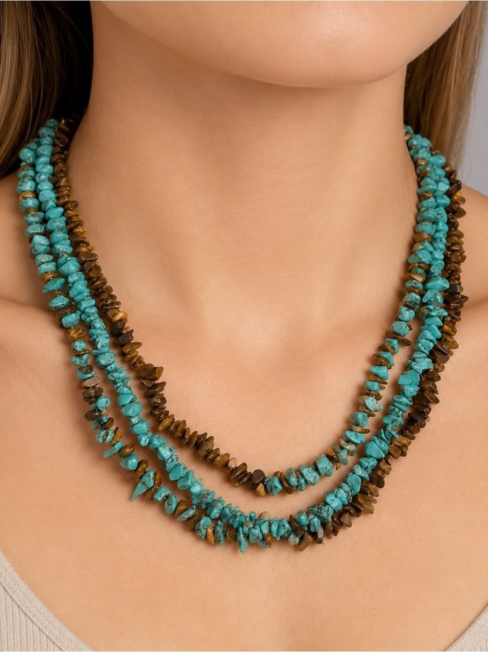 Turquoise  and Tiger Eye BOHO Triple Strand Necklace 18 Inches